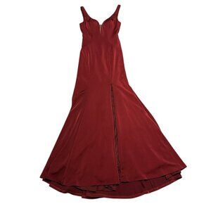 Alyce Paris Burgundy Red Floor Length Gown Maxi Dress High Slit Fitted Size 6